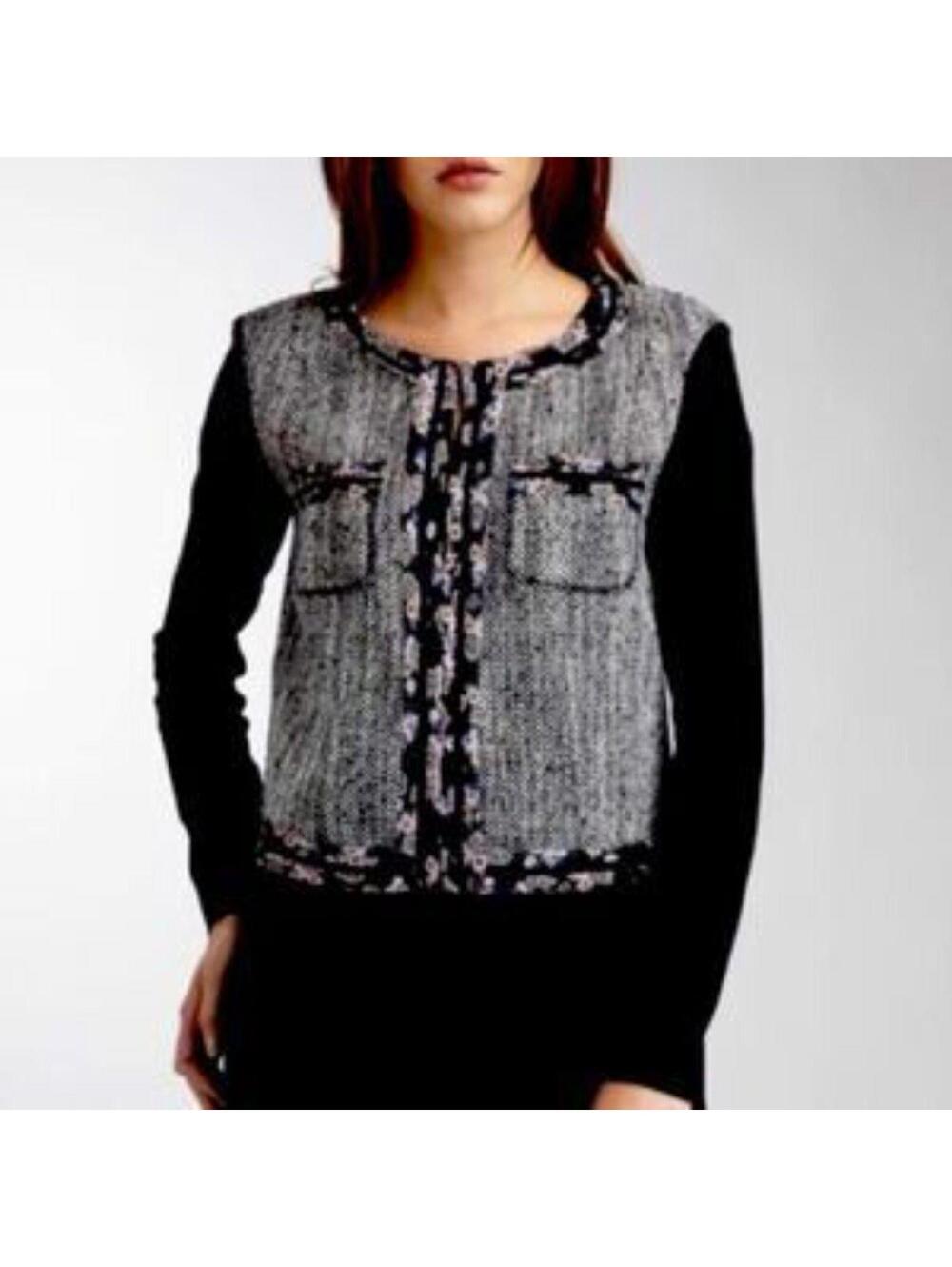 LKNW BCBGeneration M Blazer White Black Tweed Floral Chiffon Fringe Pocket